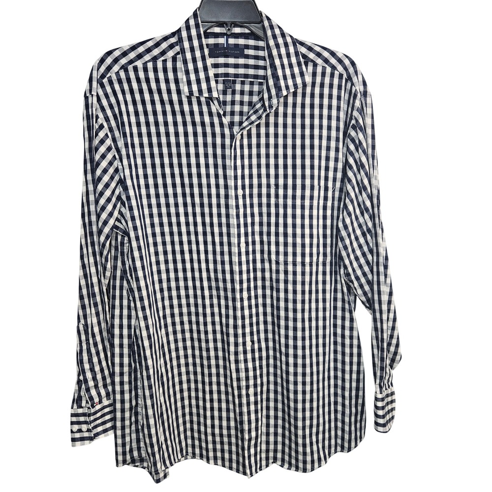 Tommy Hilfiger Mens XL Gingham Button Down Shirt Navy Blue White 17-17.5 34-35